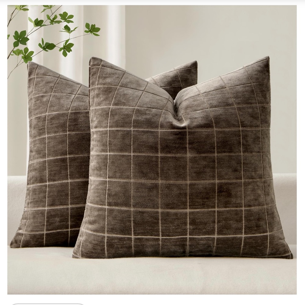 Brown Chenille Check Square Pillow Covers 20x20” (2-pack)